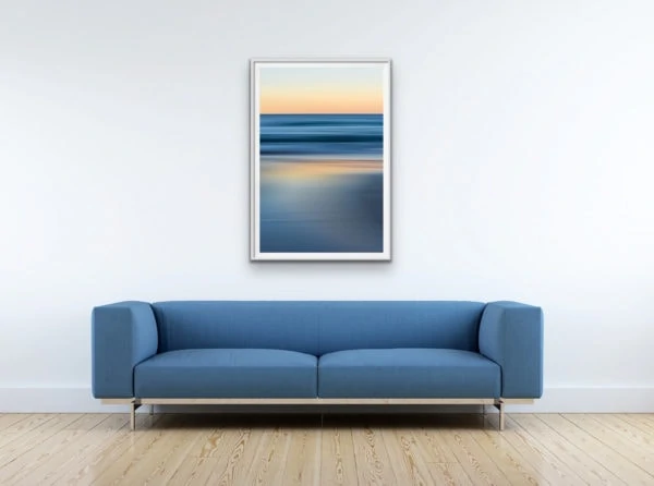 Bluestrokes - Cool ocean tones contrast with the peachy pre-dawn glow. Framed in white