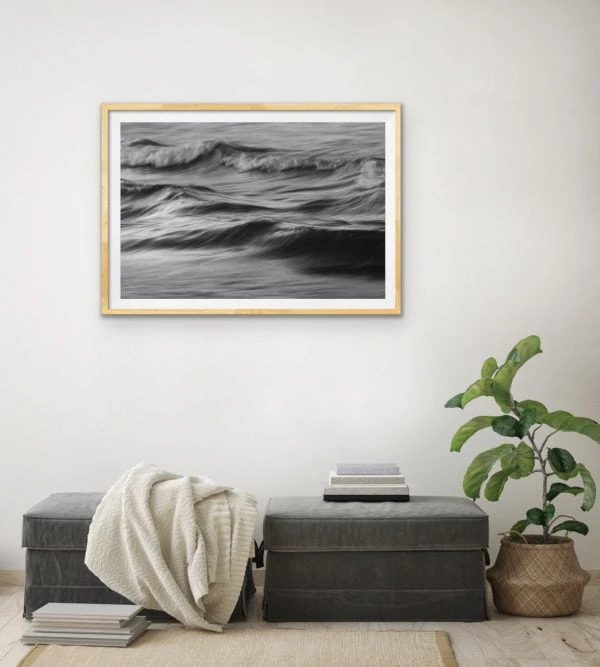 Abstract black and white photo of the ocean in a Tasmanian oak frame