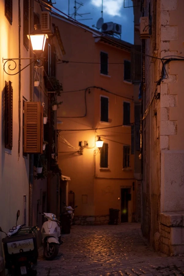 Old town - a night time street scene in the old town of Rovinj, Croatia