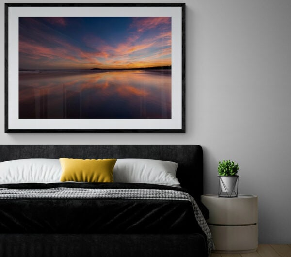 Sunset reflections along Seven Mile Beach towards Coolangatta Mountain. Framed in black