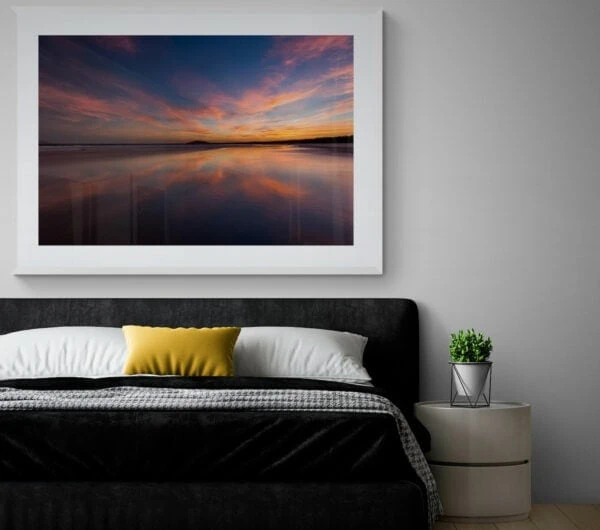 Sunset reflections along Seven Mile Beach towards Coolangatta Mountain. Framed in white