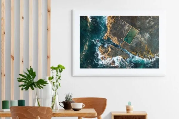 Aerial view of Werri Rockpool. Framed in white